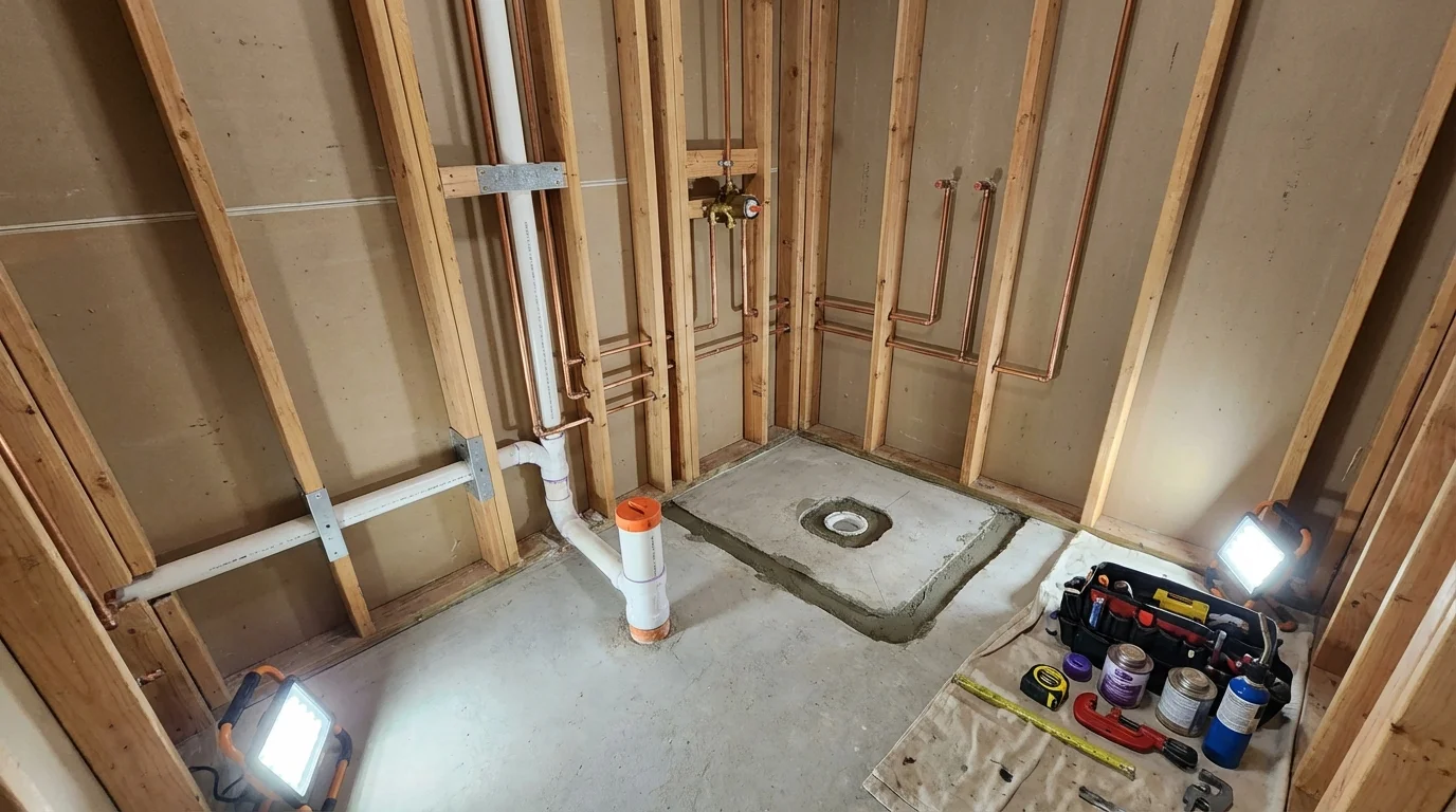 Bathroom rough-in plumbing during remodel by Johns Plumbing LLC in Holt