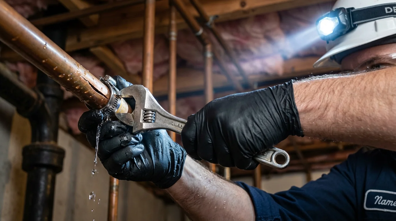 Emergency pipe clamp repair being performed by a Johns Plumbing LLC plumber in Holt