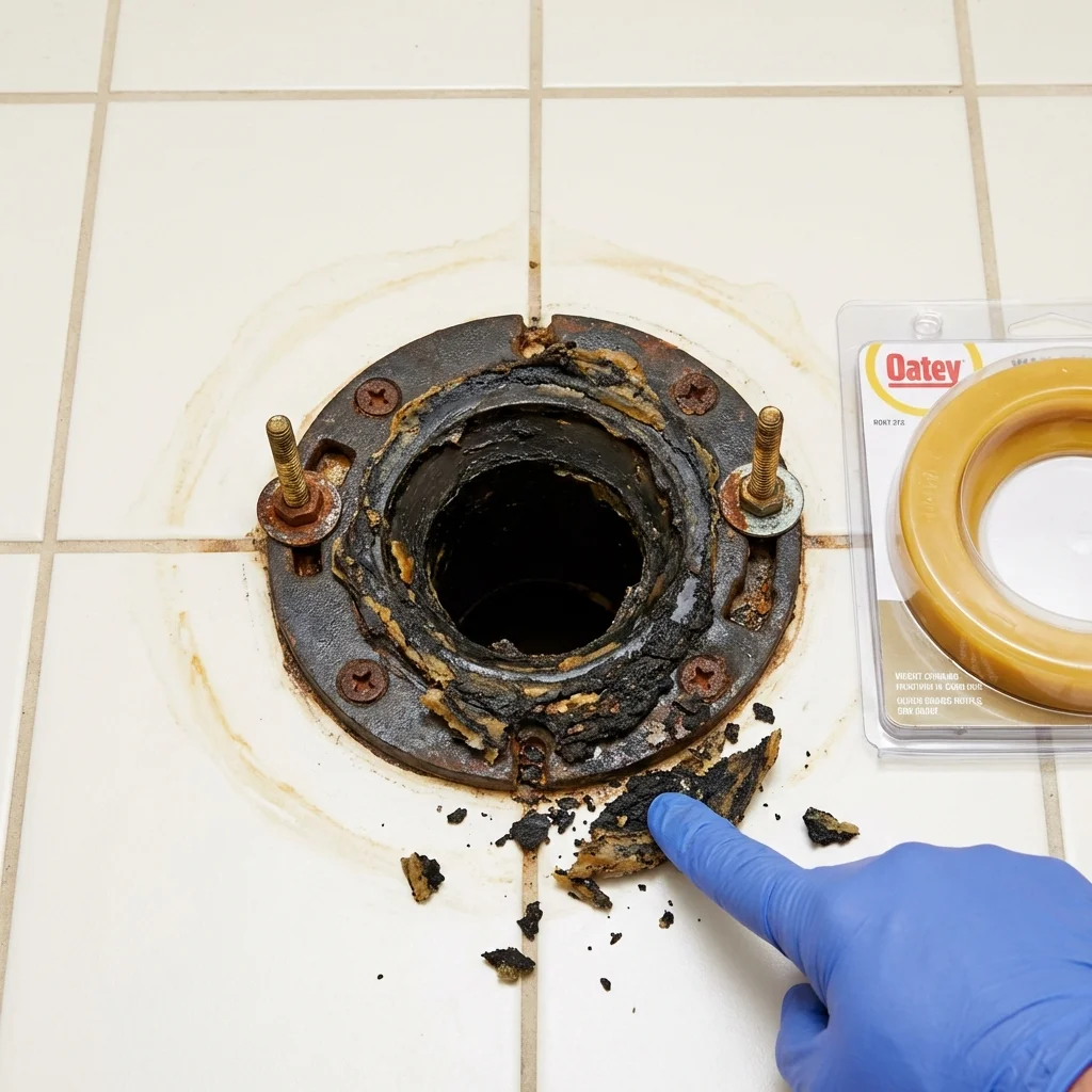 Failed wax ring showing water seepage at the base of a toilet in a Holt, MI home