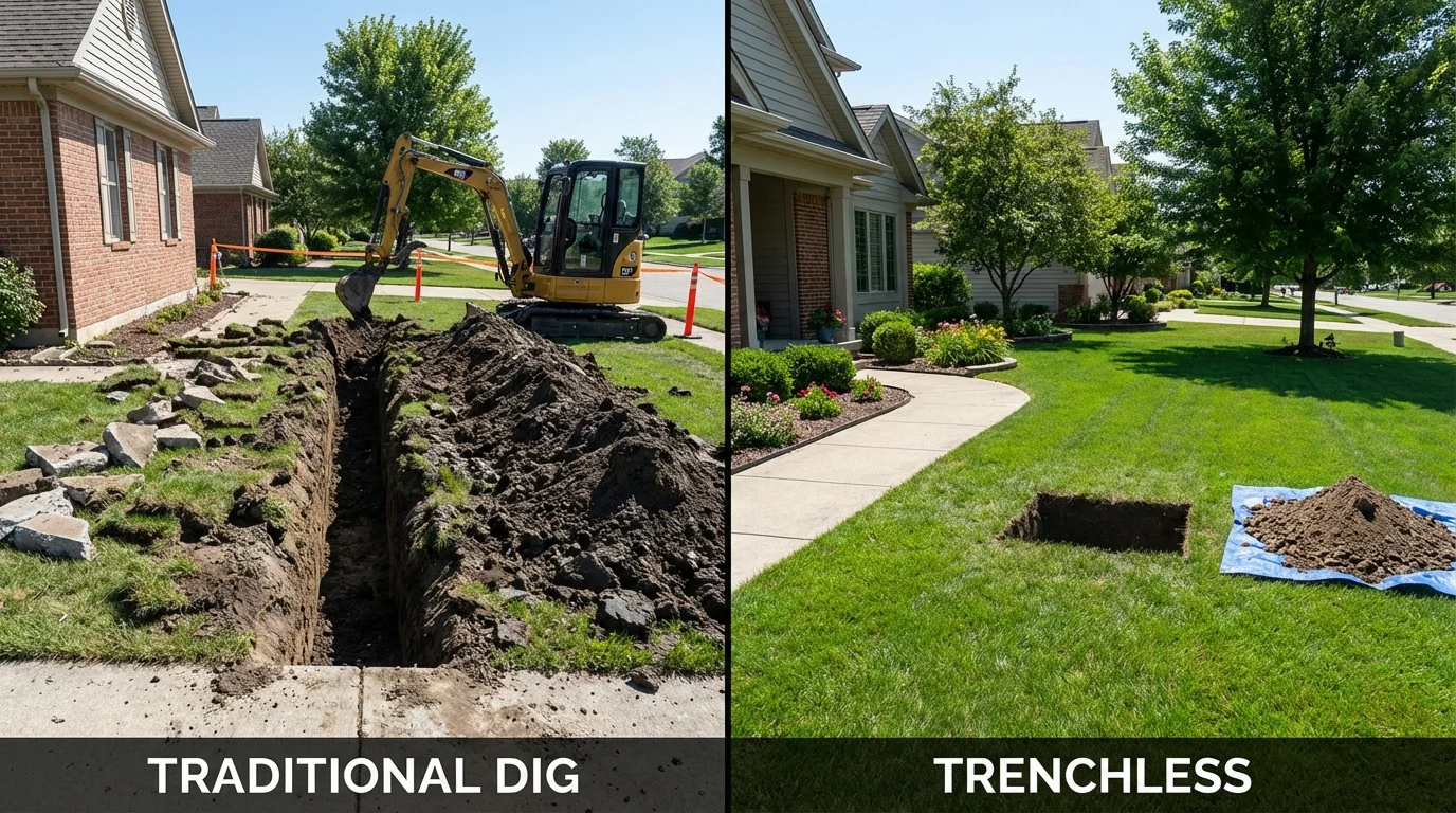 Trenchless sewer repair with minimal yard damage versus traditional excavation in Holt, MI
