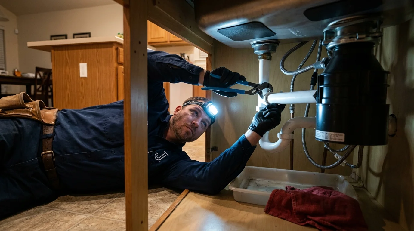 P-trap and supply line connections under a kitchen sink showing a common leak point in Holt, MI